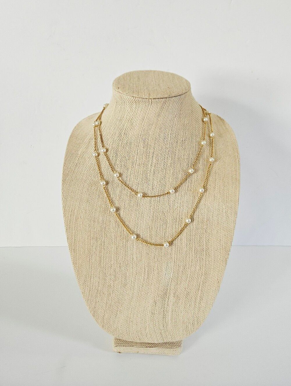 Vintage Faux Pearl Gold Tone Chain Opera Length Round Beaded Station Necklace